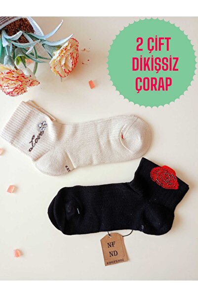 ENEFENDİ Gül Love Камък-измити памучни къси чорапи Крем Черни дамски чорапи 36-40