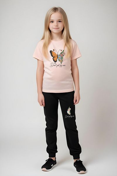 YA KO KİDS Just Fly Butterfly Printed Girls' Short Sleeve T-Shirt and Sweatpants Set