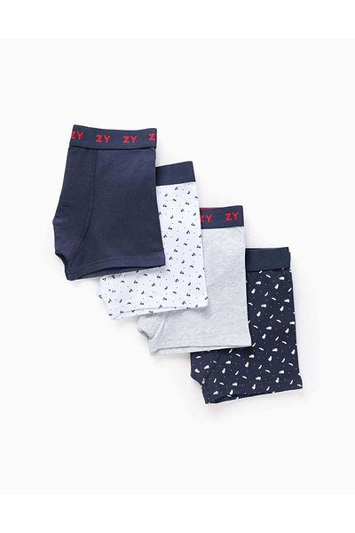 Ziddy Pack of 4 Boxer Shorts for Boys 'Means of Transport', Blue/Grey/White