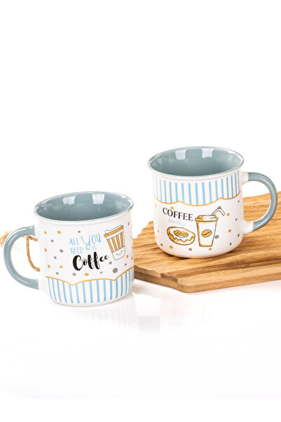 MUKKO HOME 2'li Porselen Kupa Seti Coffee Desenli Porselen Kupa – 350ml