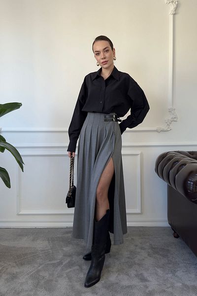 MAGARDE Slit Pleated Belt Detail Skirt - Gray