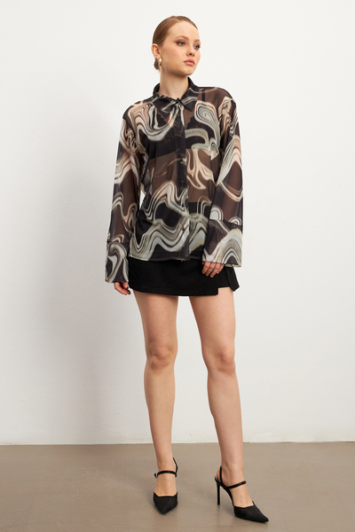 MODAGEN Γυναικείο πουκάμισο από τούλι ισπανικό με μαύρο σχέδιο