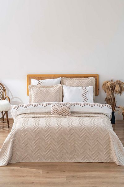 Rivaİstanbul Almila Beige Double Duvet Cover Pique Set - 8 Piece Dowry Set