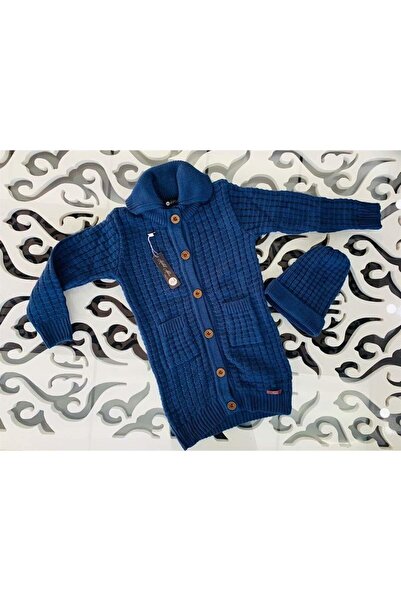 Hilal Akıncı Kids Unisex Κουμπιά Oversize Μακρύ Πλεκτό Ζακέτα Beanie Διπλό Σετ