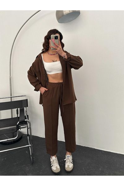 LOCH BUTİK Women's Brown Shirt Pants Double Suit