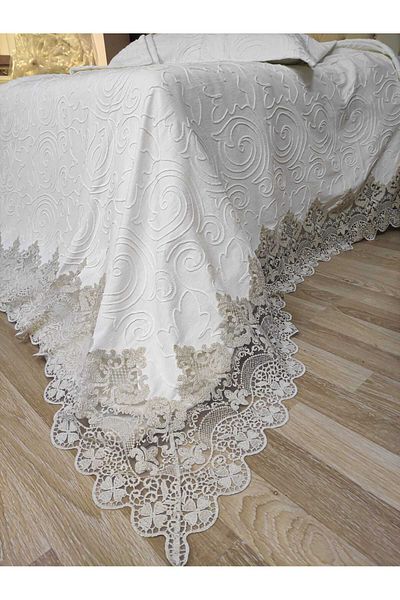 Çt Çeyizci Tekstil Double Bed Cover 3 Piece Cream Bed Cover