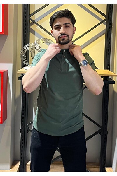 Butik Hakim Yaka Düğmeli Haki Basic Tshirt
