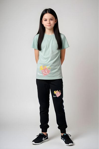 YA KO KİDS Smile Printed Girl's Short Sleeve T-Shirt and Sweatpants Set