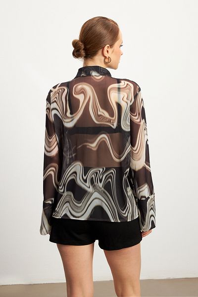 MODAGEN Women's Black Patterned Spanish Sleeve Tulle Shirt