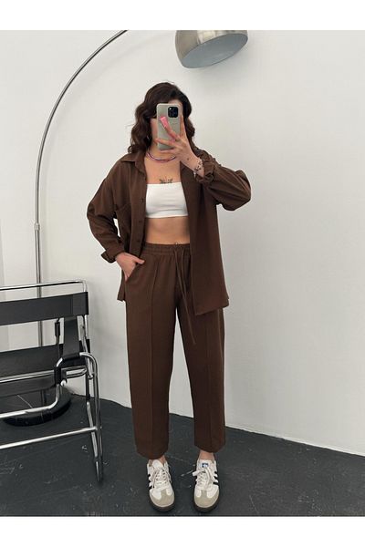 LOCH BUTİK Women's Brown Shirt Pants Double Suit