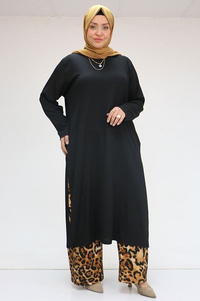 Eslina 57012 Σετ παντελονιού με μοτίβο συνδυασμού μεγάλου μεγέθους - καφέ λεοπάρ