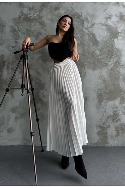 LOBOLIC Fusta lungă din satin plisat - aspect piele, talie înaltă, combinație casual și birou