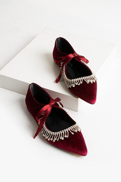 diclepolat Burgundy Velvet Women's Ballerina Velsa with Stone Detail