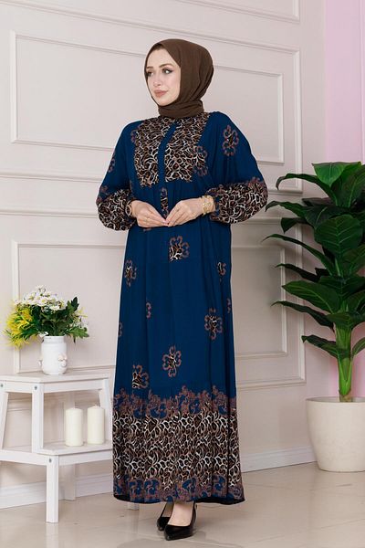 Sevitli Leopard Patterned Robe Viscon Dress-Indigo
