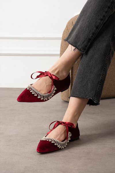 diclepolat Burgundy Velvet Women's Ballerina Velsa with Stone Detail