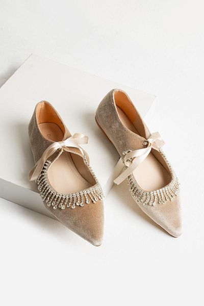 diclepolat Beige Velvet Stone Lacing Detailed, Velsa Model Women's Shoes