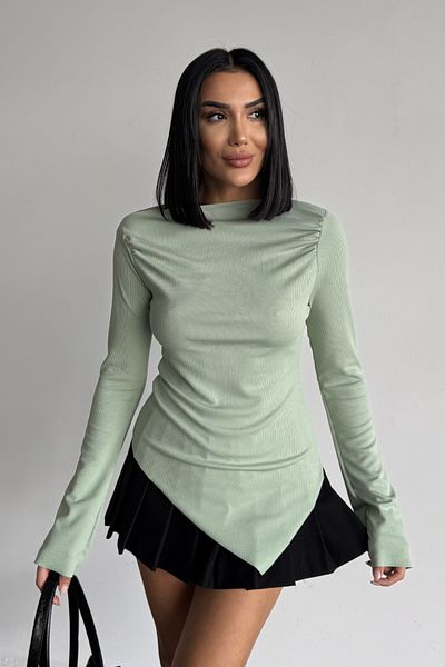 Bipantolon Γυναικεία Πλεκτή Μπλούζα Aqua Green Draped Boat Neck Ασύμμετρη Lycra
