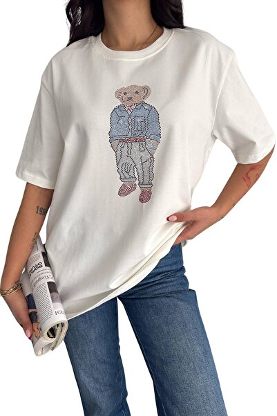 Moda Amore Teddy Bear T-Shirt - Προσαρμοσμένο Σχέδιο Κεντημένο με Πέτρα Oversize Άνετη Κοπή 405