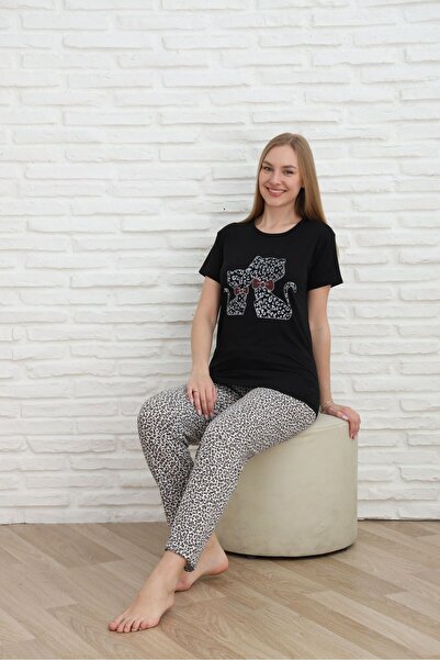 Lunaberry Women's Pajama Set Leopard Kitten Printed, Short Sleeve, Summer 100% Cotton, Soft, Dowry