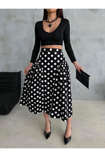 Maldia Shop Fustă neagră de damă, cu model de buline, lungime midi