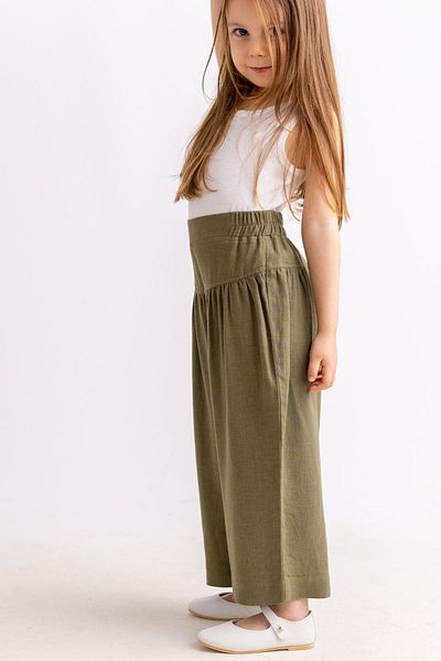 Oliven The Kid Gathered Linen Girl's Trousers Khaki with Corsage