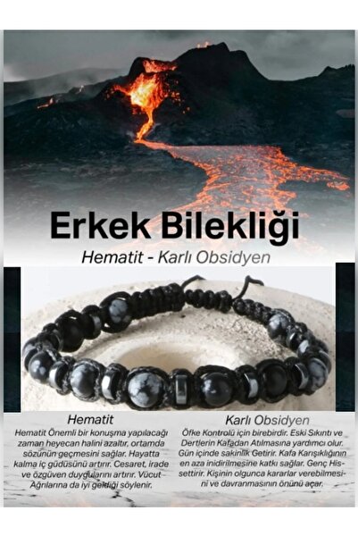 OSMANLI DEĞERLİ TAŞ Men's Bracelet Original Genuine Certified Snowy Obsidian - Natural Stone Bracelet with Hematite String 6mm