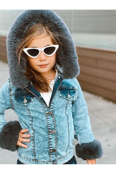 Hilal Akıncı Kids Girl's Hooded Blue Denim Jacket with Fur Detail on Sleeves