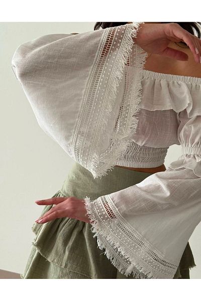 MODA Cămașă fără umeri Bluză de damă cu talie elastică cu dantelă