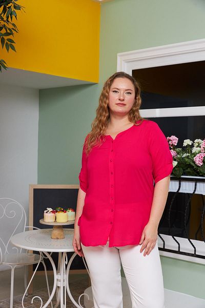 RMG Φούξια πουκάμισο Voile Viscose Plus Size με λεπτομέρεια στο μανίκι