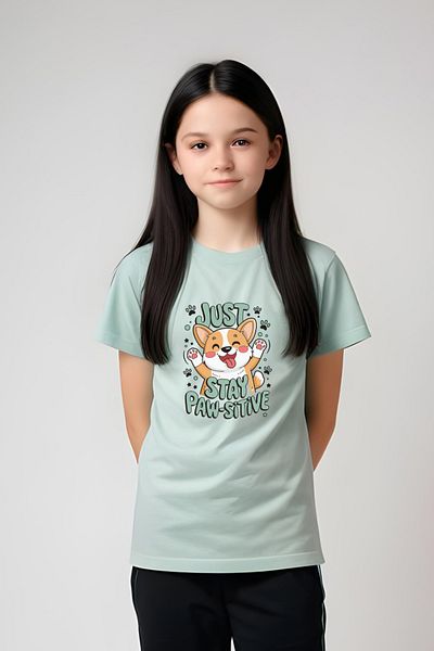 YA KO KİDS Stay Paw-Sitive Printed Girls Short Sleeve T-Shirt and Sweatpants Bottom-Top Set