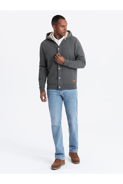 OMBRE Herren-Sweatshirt mit Kapuze und Knopfleiste - Graphitmeliert V4 OM-SSZP-0186 XL