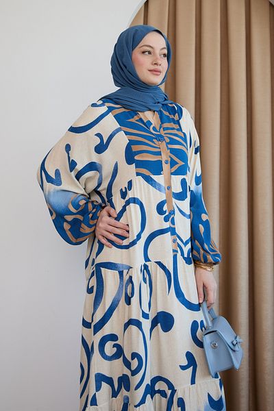 InStyle Patterned Viscose Blue Dress with Placket on the Front