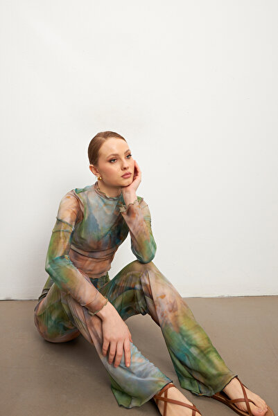 MODAGEN Women's Round Neck Multicolor Print Bottom Top Pants Suit