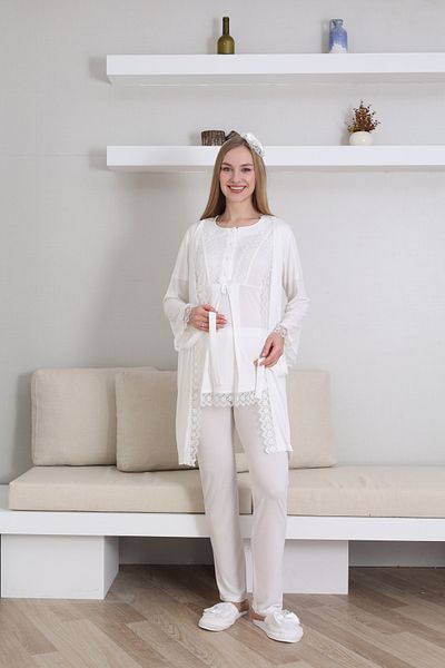 ERDENİZ TEKSTİL Maternity-Pregnant Pajama Set with Dressing Gown, Short Sleeves, Button Collar, Set of 3