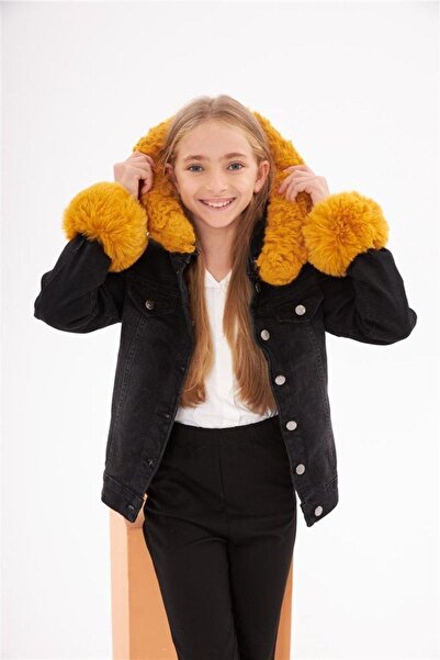 Hilal Akıncı Kids Jachetă de blugi neagră pentru fetiță, cu glugă și mâneci, ...