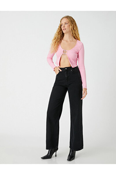 ByCukurovaFrango Visok struk Crne Sa likrom široke farmerke - 1