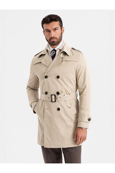 OMBRE Eleganter Herren SLIM FIT Trenchcoat mit Gürtel - beige V1 OM-COSC-0126 XL