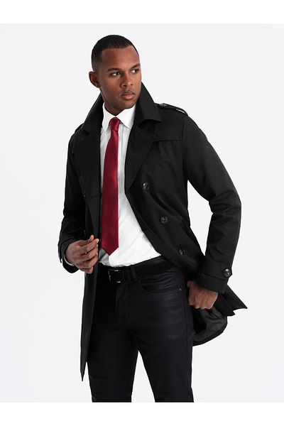 OMBRE Eleganter SLIM FIT Herren Trenchcoat mit Gürtel - schwarz V2 OM-COSC-0126 M