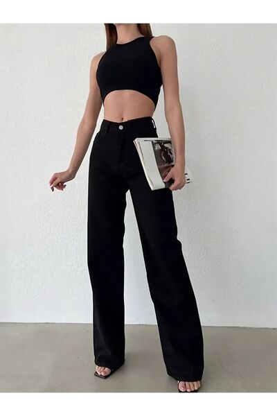 ByCukurovaFrango Lycra Women's Black High Waist Wide Leg Loose Jans Jeans