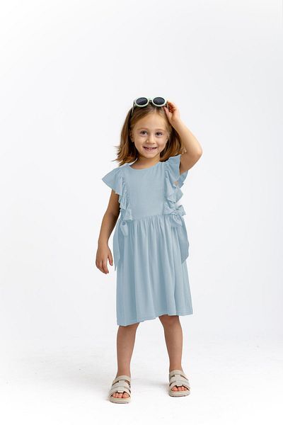 Oliven The Kid Rochie pentru fetiță, fără mâneci, cu volane, cu dantelă pe laterale, cu nasturi, albastru