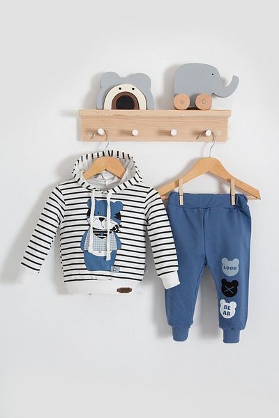 TRENDİMİZBİR Baby Boy Look Bear Original Printed Hooded Bottom Top Set