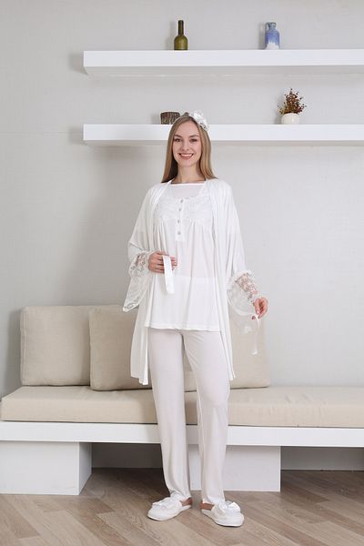 ERDENİZ TEKSTİL Laced Sleeves, Dressing Gown, Breastfeeding Detailed Short Sleeve Maternity-Pregnant Pajama Set, Set of 3