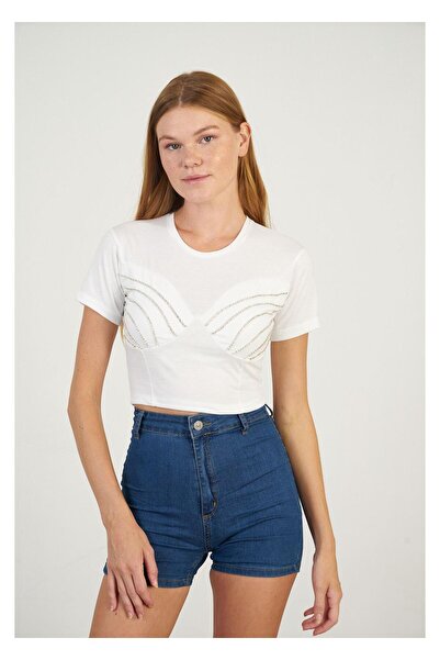 TIFFANY&TOMATO Taşlı Crop T-Shirt