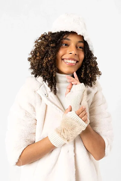 Luminos Butik Beige Furry Wool Plush Women's Gloves - Eld30