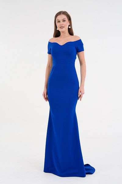 WOMAN VISION Rochie maxi de damă, albastră, din țesătură creponată, cu decolteu în formă de inimă, cu detaliu în coadă 582988