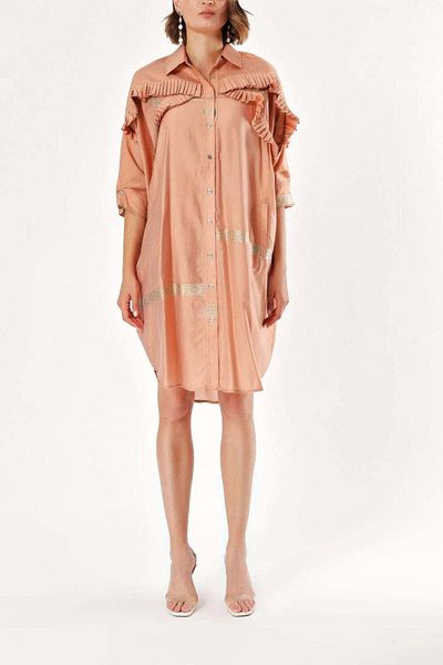 SOCIETA Salmon Loose-fitting pleated shirt dress 94020