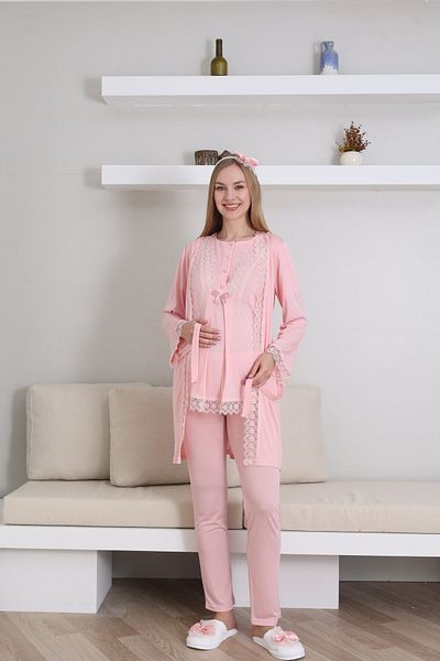 ERDENİZ TEKSTİL Maternity-Pregnant Pajama Set with Dressing Gown, Short Sleeves, Button Collar, Set of 3
