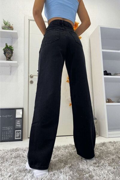 ByCukurovaFrango Pantaloni negri din denim din Lycra cu talie înaltă - Blugi largi