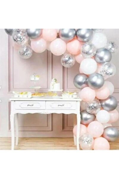 Onay Store 50 Adet Pembe Beyaz Gümüş Krom Konfetili Balon Seti -yaş Doğum Gün...