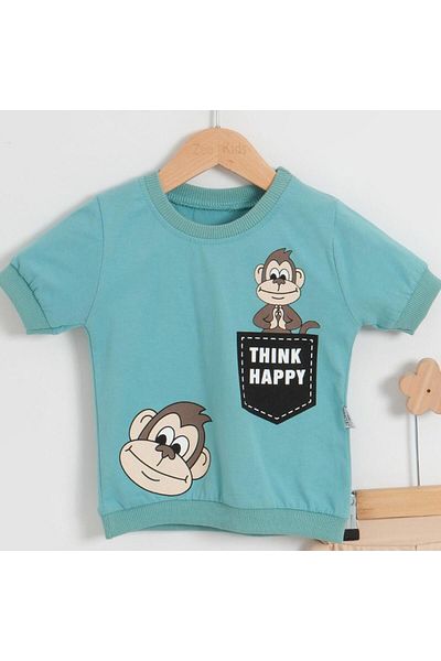 TRENDİMİZBİR Baby Boy Cotton Cute Monkey Patterned Blue Single Jersey Set with Shorts